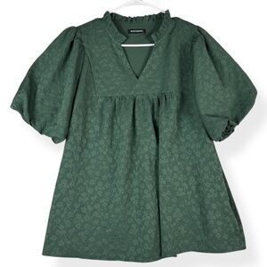 MASCOMODA Womens Top L Large V Neck Solid Green with All Over Floral Puff Sleeve